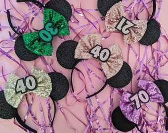 Birthday Mouse Ears with your choice of sequin bow -various colours Birthday Minnie Headband - Mouse Birthday Accessories - Birthday Bows