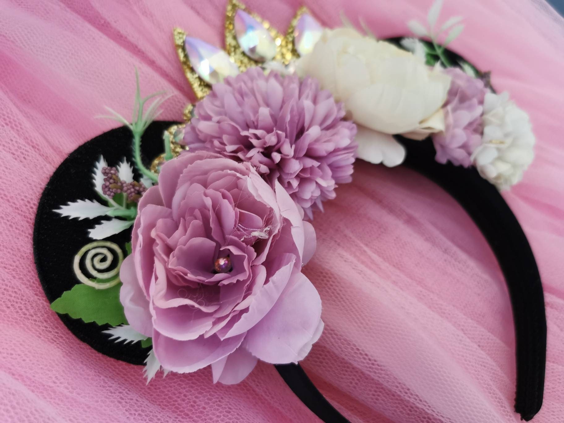 Black Minnie Ears With Flower Crown - Various Colour Flowers 