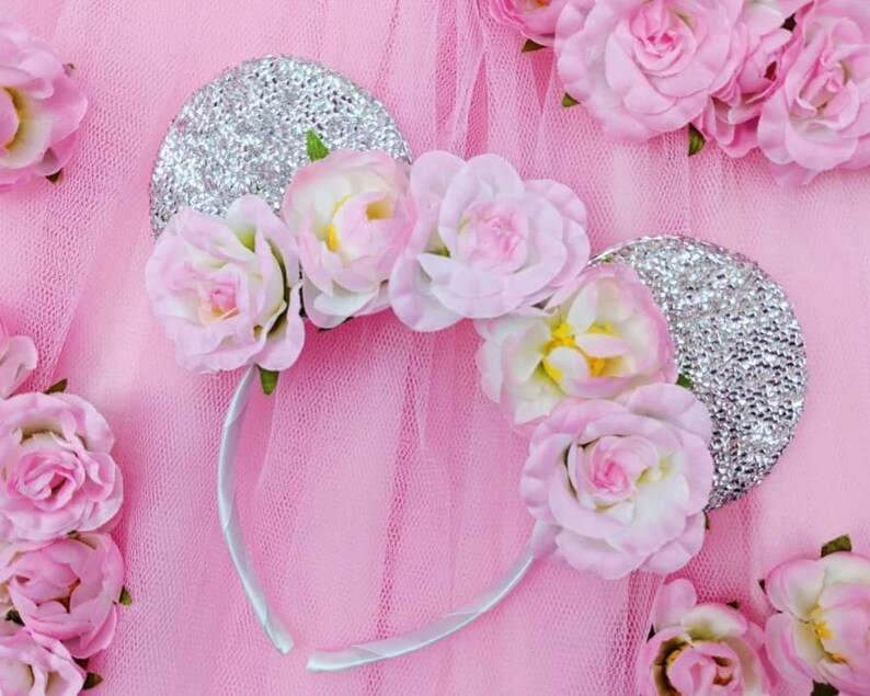 Silver Minnie Mouse ears with flower crown. Minnie Mouse headband Festival Headbands Fashion Headband suitable for all ages image 1