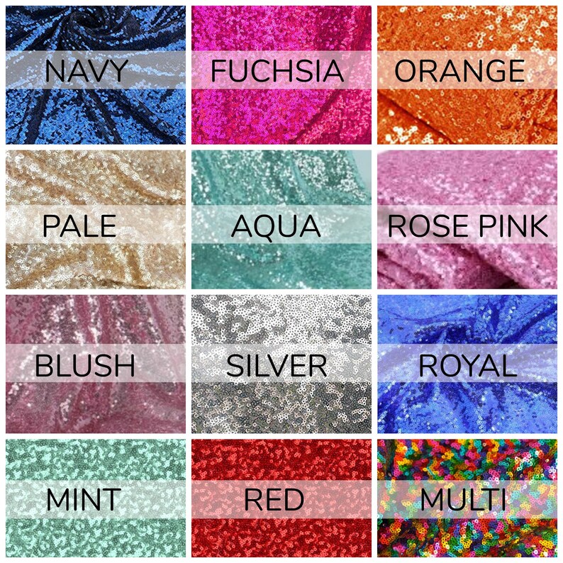 Pu&ograve; includere: Una collezione di 12 campioni di tessuto di paillettes in vari colori, tra cui blu navy, fucsia, arancione, pallido, acquamarina, rosa chiaro, blush, argento, blu reale, menta, rosso e multicolore.
