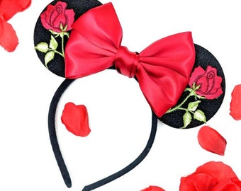 Design Your Own Minnie Mouse Ears with Roses with Satin Bow - Lots of Colour Options - Fashion Mouse Headband - Princess Ears - LubyandLola