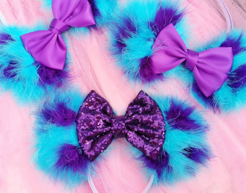 Made-To-Order Monsters Inspired Minnie Mouse Ears Satin Purple Bow Sulley Mickey Mouse Ears Fluffy Blue Ears Monster Academy Headband image 3