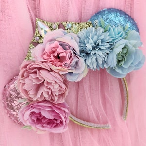 Sleeping Beauty Floral Headband -  Sequin Ears Princess Headband - Princess Ears - Make It PinkMake It Blue Ears - Princess Crown Ears