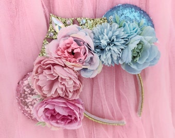 Doornroosje hoofdband met bloemen - oren met pailletten prinses hoofdband - prinsessenoren - maak het roze maak blauwe oren - prinsessenkroonoren