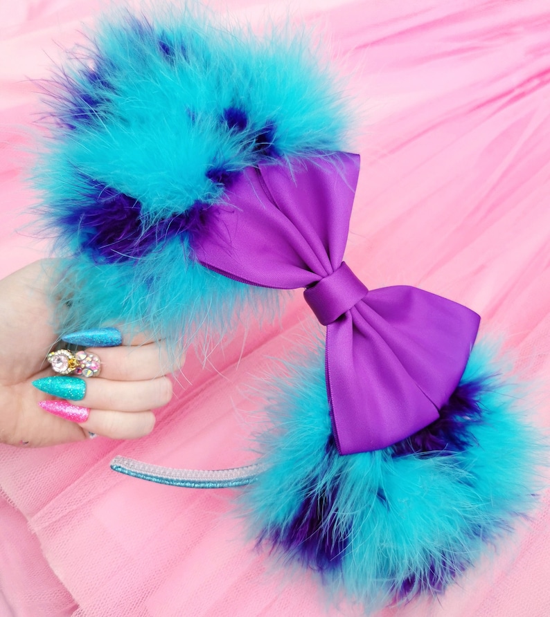 Made-To-Order Monsters Inspired Minnie Mouse Ears Satin Purple Bow Sulley Mickey Mouse Ears Fluffy Blue Ears Monster Academy Headband image 2