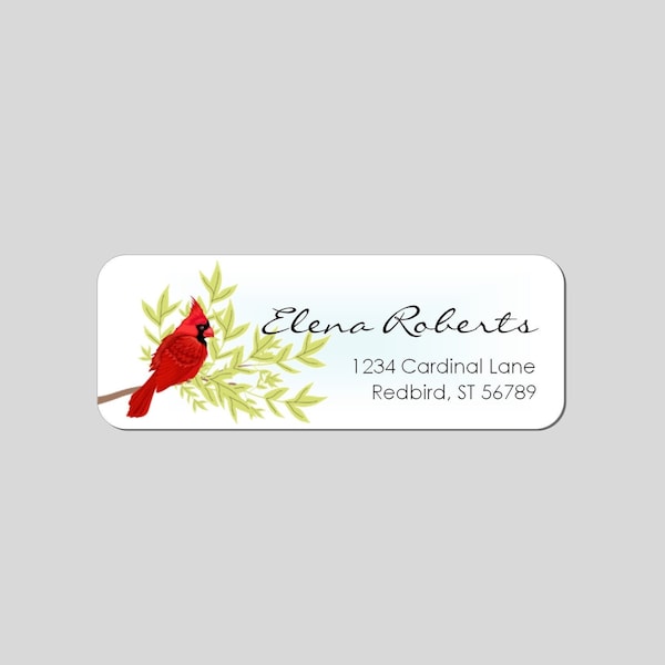 Cardinal Address Labels | Red Bird on Branch | Personalized Cardinal Bird on Green Foliage | Printed Mailing Return Label