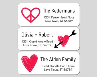 Valentines Day Address Stickers, Doodle Heart Return Address Label, Peace Heart, Arrow Through Heart, Love, Personalized & Printed