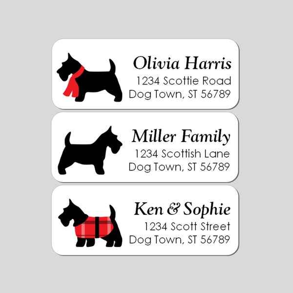 Scottie Dog Address Labels | Scottish Terrier Return Address Label | Black Scotty Dog Mailing Stickers, Dog, Red Tartan Plaid, Personalized