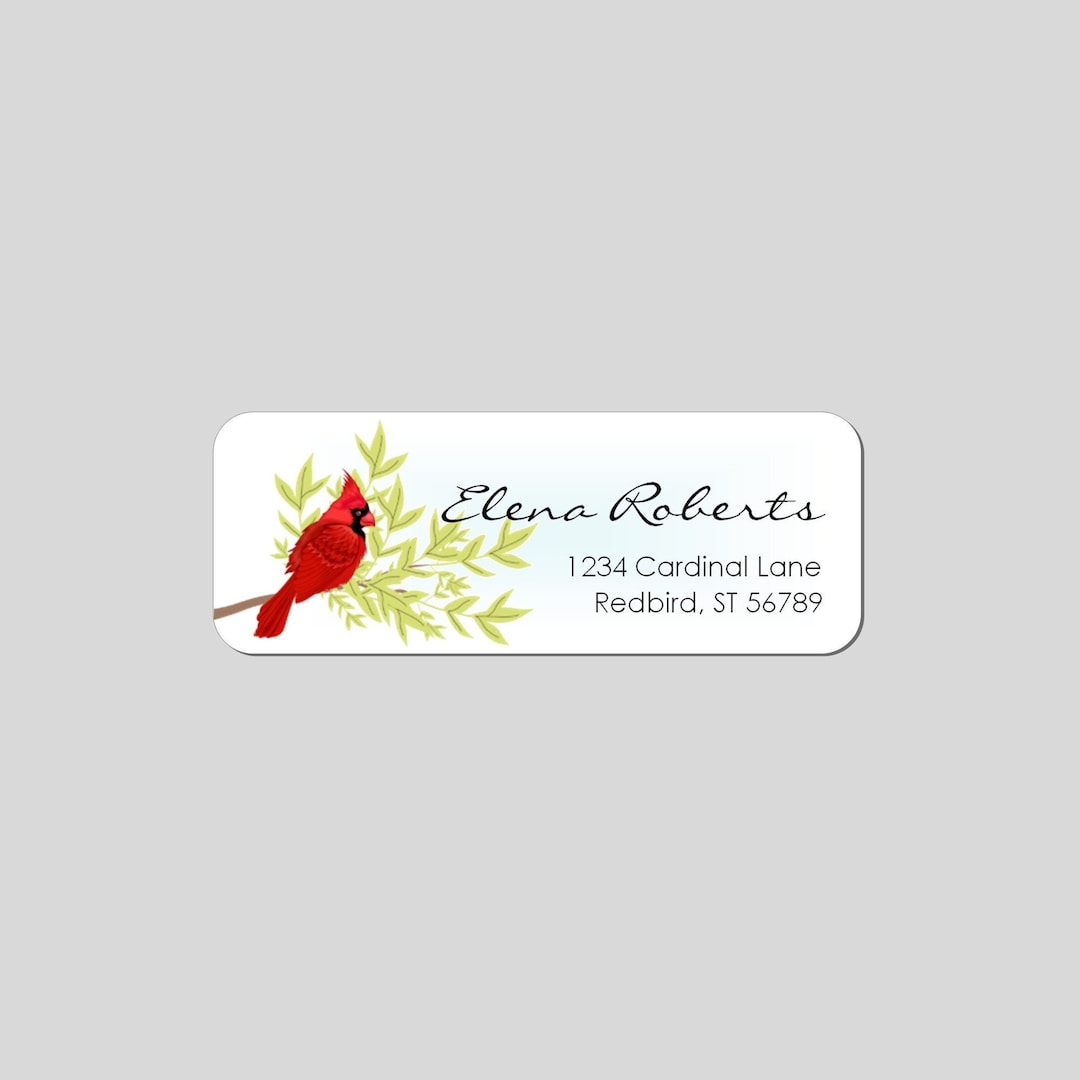 Cardinal Address Labels, Red Bird on Branch, Personalized Cardinal Bird