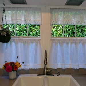 White Linen Cafe Curtains: Shabby Chic Lace, Swedish Farmhouse Style