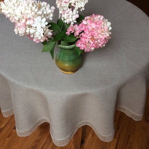 Natural Linen Tablecloth: Round Grey French Tablecloth with Lace