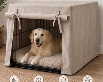 Linen Dog Crate Cover Roll up front panel