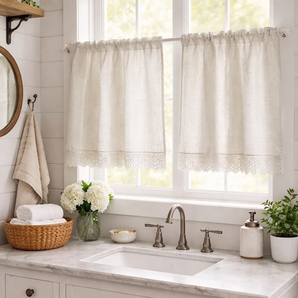 White Linen Kitchen Curtains with Lace: French Cafe Style