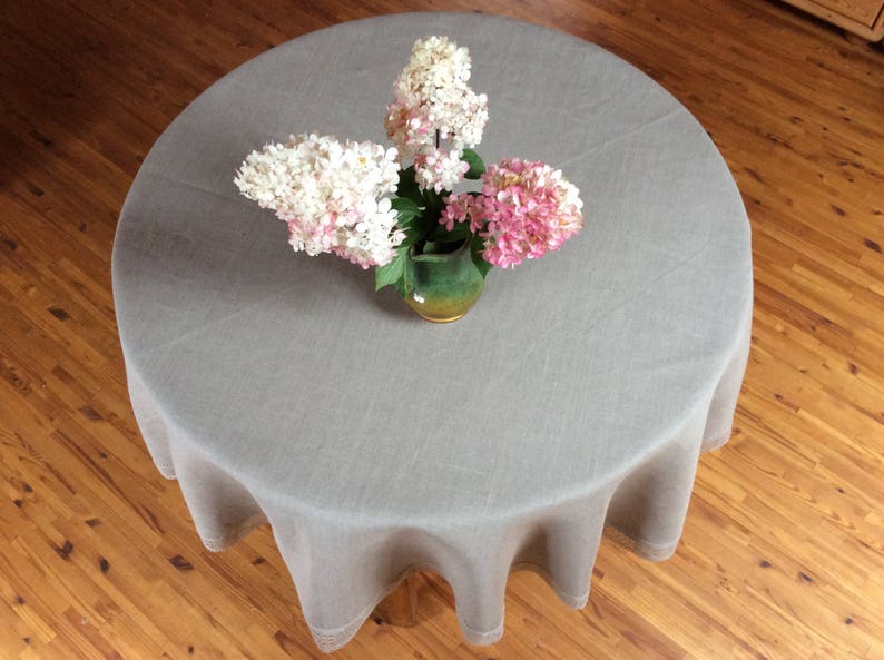 Grey Linen Tablecloth Round 90 Inch With Lace Vintage Style Etsy Denmark