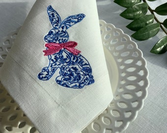 Embroidered Easter bunny linen napkins Blue and white hemstitched placemats Set of 6