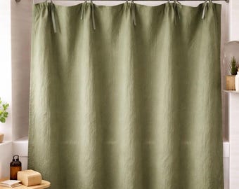 Rideau de douche en lin vert avec attaches Dimensions personnalisées
