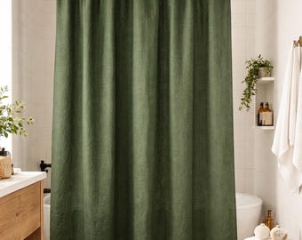Rideau de douche en lin vert avec attaches