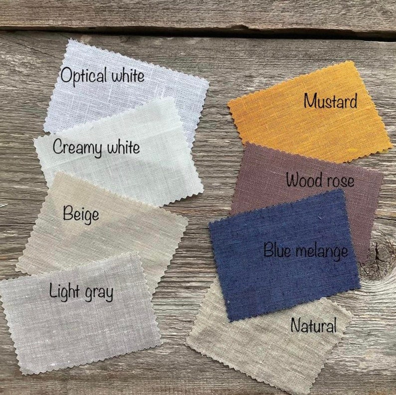 May include: Fabric swatches in various colors, including optical white, creamy white, beige, light gray, mustard, wood rose, blue melange, and natural.