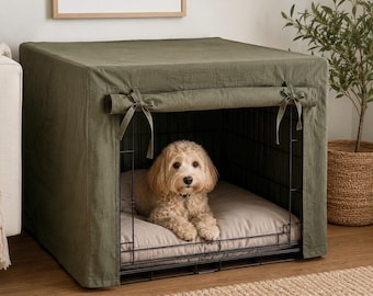 Green linen Dog Crate Cover Roll up front panel