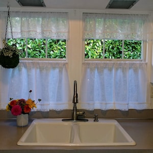 Kitchen Curtains White linen Curtains with Lace French Cafe curtains Rustic Curtains Linen drapes Handmade Farmhouse curtains