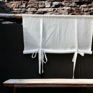 Boho kitchen curtain Tie up fabric blinds Cream white linen valance