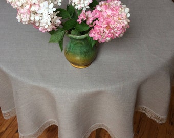 Nappe ronde de 90 pouces avec dentelle, lin naturel, décoration de table, cadeau de grand-mère côtière