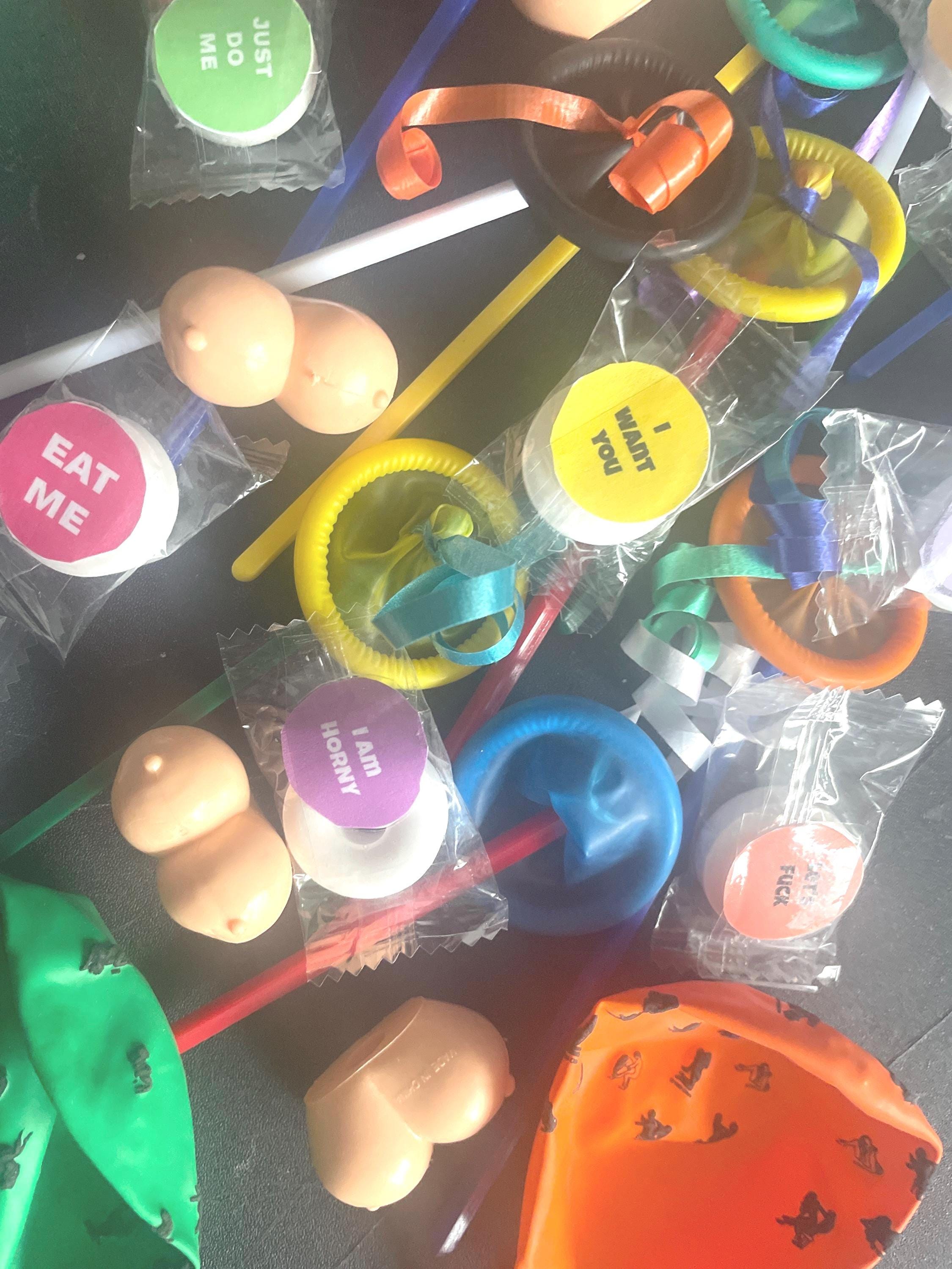 Adult Party Favors/ Pinata filler Condom swizzle stix, x-rated position balloons, booby pencil tips & after sex mints Fun for all novelty