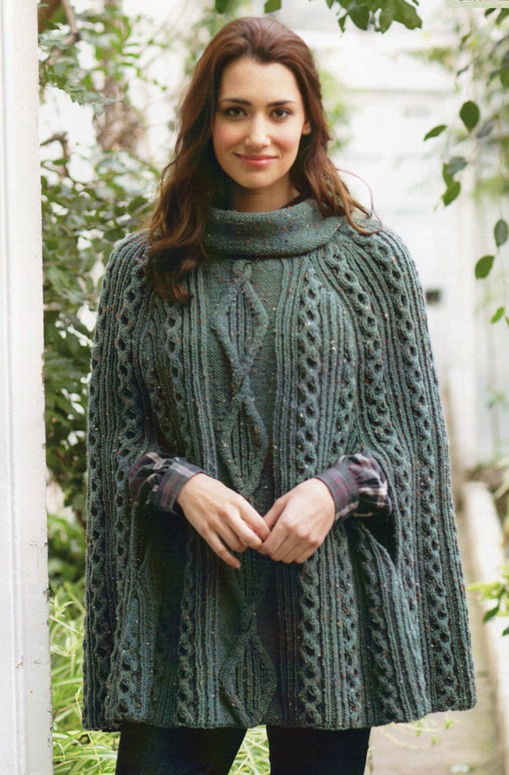 PDF Ladies Vintage Cable Poncho Polo Round Neck 3 designs Knitting Pattern Aran One size fits all Downloadable