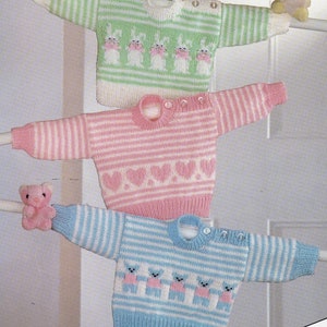 PDF Knitting Pattern ~ Baby Boys/Girls 3 Designs of Jumpers with Cute Bunny Rabbits, Hearts/Flowers Motif - Instant Download