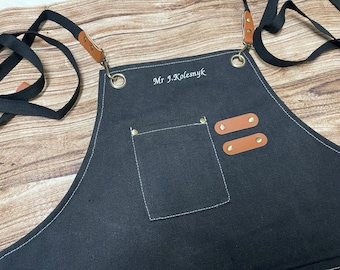 Schürze aus Baumwollcanvas mit Stickerei | Unisex Kochen, Backen, Gartenarbeit, DIY Schürze mit Taschen, individuelles Geschenk für Köche, Mütter