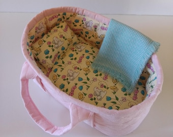 Doll Bed for 7", 8", 9" Dolls, Bunnies, Chicks and Flowers, Includes Mattress and Blanket