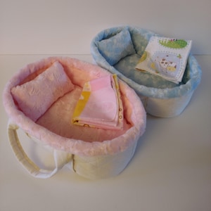 Small Baby Doll Basket for 7&quot;, 8&quot; Doll, 10&quot; Interior Size, Natural Color Exterior Select Pink or Blue Interior Faux Fur With Swirl Design