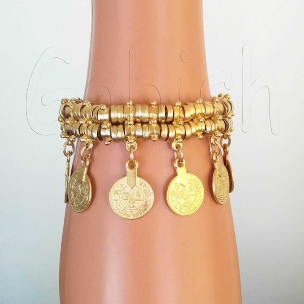 Coin bracelet, Gold plated metal tribal bracelet with coins, statement jewelry, gypsy coins bracelet