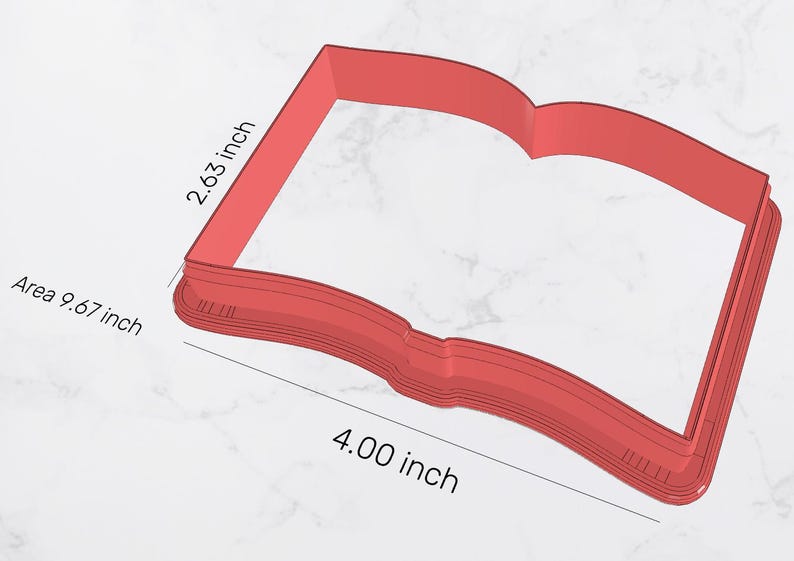 May include: Red plastic cookie cutter shaped like an open book. The cutter is 4 inches wide and 2.63 inches tall. Area is 9.67 square inches.