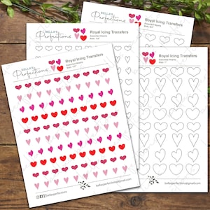 Transferencias de glaseado real con forma de corazón surtidas / Transferencias para San Valentín / Descarga digital / 3 tamaños disponibles: 0,5", 0,75" y 1"