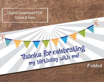Birthday Thank You Digital Download Cookie Bag Topper, Party Favor Goodie Bag Topper, PYO, 2 different sizes included