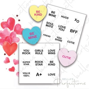 Puede incluir: Un conjunto de tarjetas de San Valentín imprimibles con forma de corazón con varios mensajes, que incluyen "Sé amable", "Sé mío", "Eres genial", "Las chicas mandan", "El amor gana", "Monada", "Superestrella", "Estrella de rock", "A+" y "Amor".