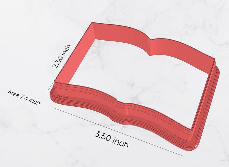 May include: Red plastic cookie cutter shaped like an open book. The cutter is 3.50 inches wide and 2.30 inches tall. The area of the cutter is 7.4 inches.
