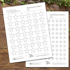 May include: Two sheets of white Royal Icing Transfers with star outlines. One sheet has 1-inch stars, the other has 1/2-inch stars. The sheets are labeled "Bella's Perfections" and include a contact email and social media handles.