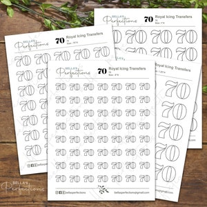 May include: A sheet of printable royal icing transfers featuring the number 70 in a variety of sizes. The transfers are designed for use on cakes, cookies, and other baked goods.