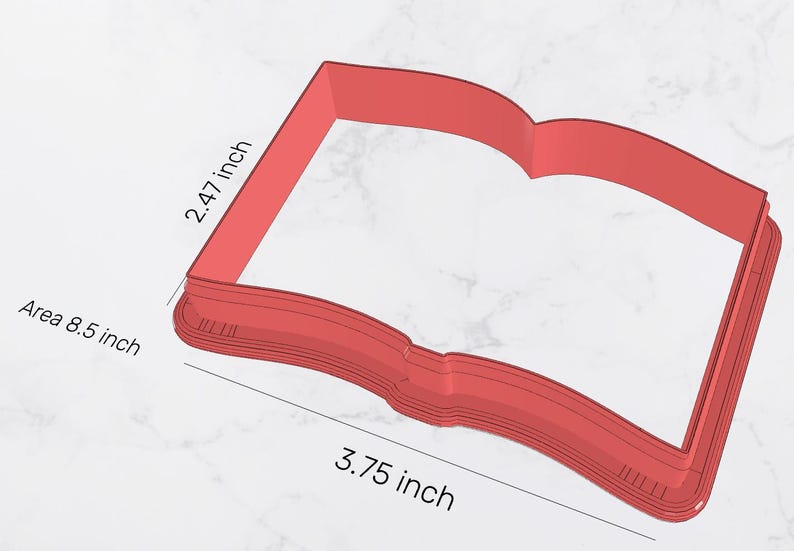 May include: Red plastic cookie cutter shaped like an open book. The cutter is 3.75 inches wide and 2.47 inches tall. The area of the cutter is 8.5 square inches.