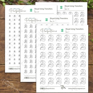 May include: Four sheets of printable royal icing transfers featuring the number "2" in a cursive font. The sheets are labeled with the size of the transfers: 25", 75", 5", and 1".