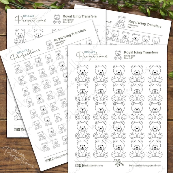 Sitting Bear Royal Icing Transfers | Teddy Bear Digital Download | 4 sizes available | .75", 1", 1.25" & 1.5"