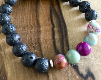 Essential Oil Diffuser Bracelet - Aromatherapy on the Go!..... Lava Stone & Purple/Turquoise Sediment Jasper