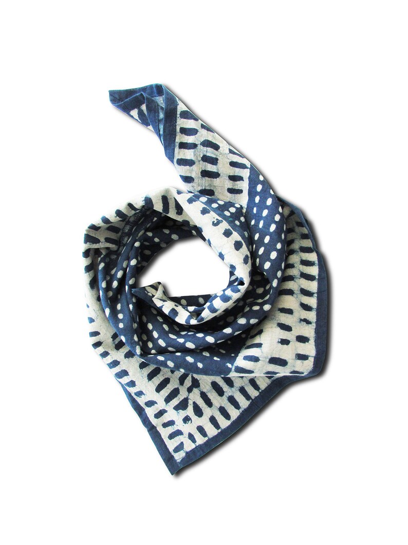 Organic cotton Indigo bandana Festival style Neckerchief Braid scarf Hair scarf Indigo dyed Block printed scarf Naturally dyed INDI766 image 2