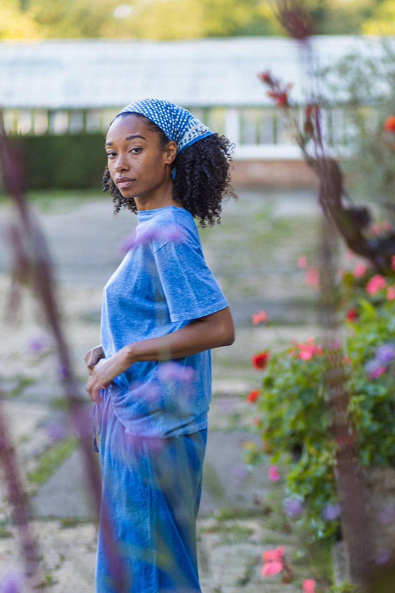 Organic cotton Indigo bandana Festival style Neckerchief Braid scarf Hair scarf Indigo dyed Block printed scarf Naturally dyed INDI766 image 4