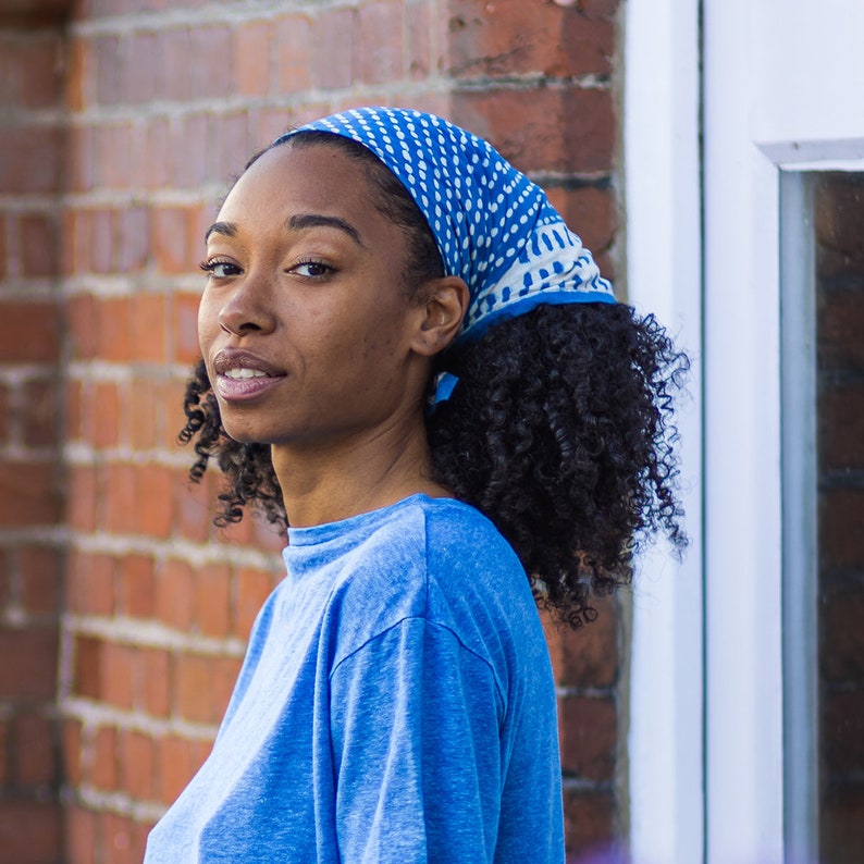 Organic cotton Indigo bandana Festival style Neckerchief Braid scarf Hair scarf Indigo dyed Block printed scarf Naturally dyed INDI766 image 1