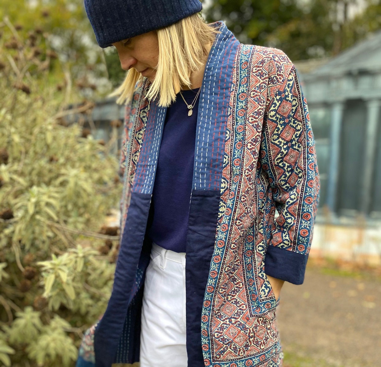 Image of Kantha Stitched Kimono Jacket Kimono Cardigan Block Printed Quilt Haori Quilted Patchwork House Coat Indi