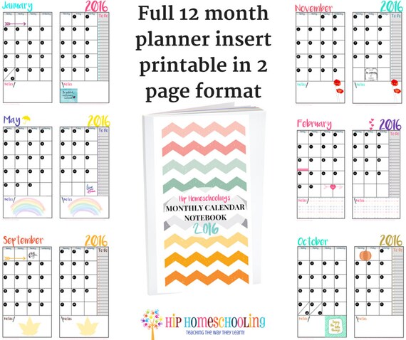 2016 monthly planner notebook insert travelers notebook etsy
