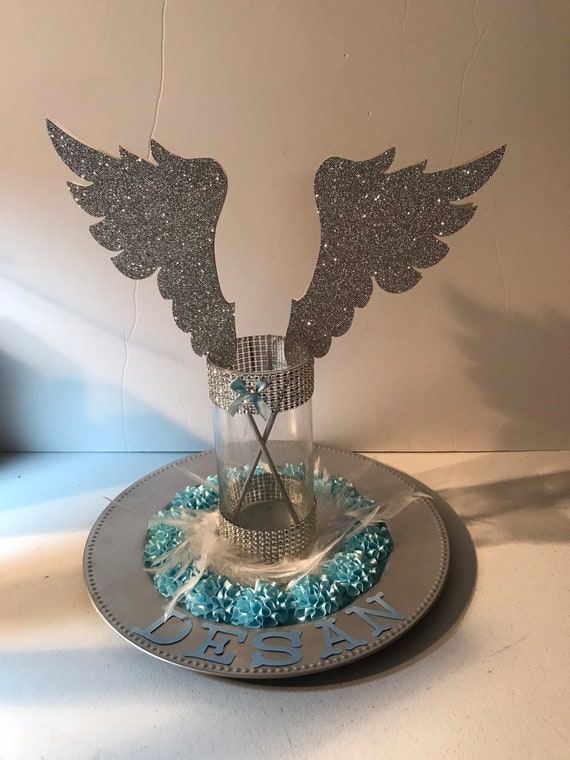 Personalized Silver/Blue Angel Centerpiece by Yansels Catch My Party